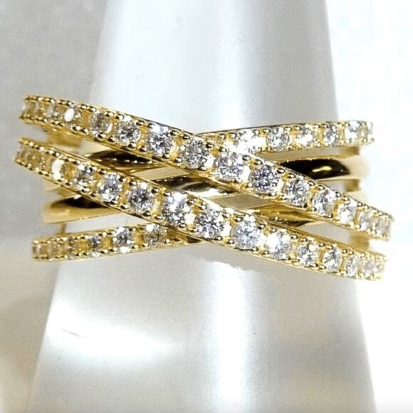 14k Yellow Gold Pave Diamond Ring Band Layer Criss Cross Ring - Picture 3 of 6